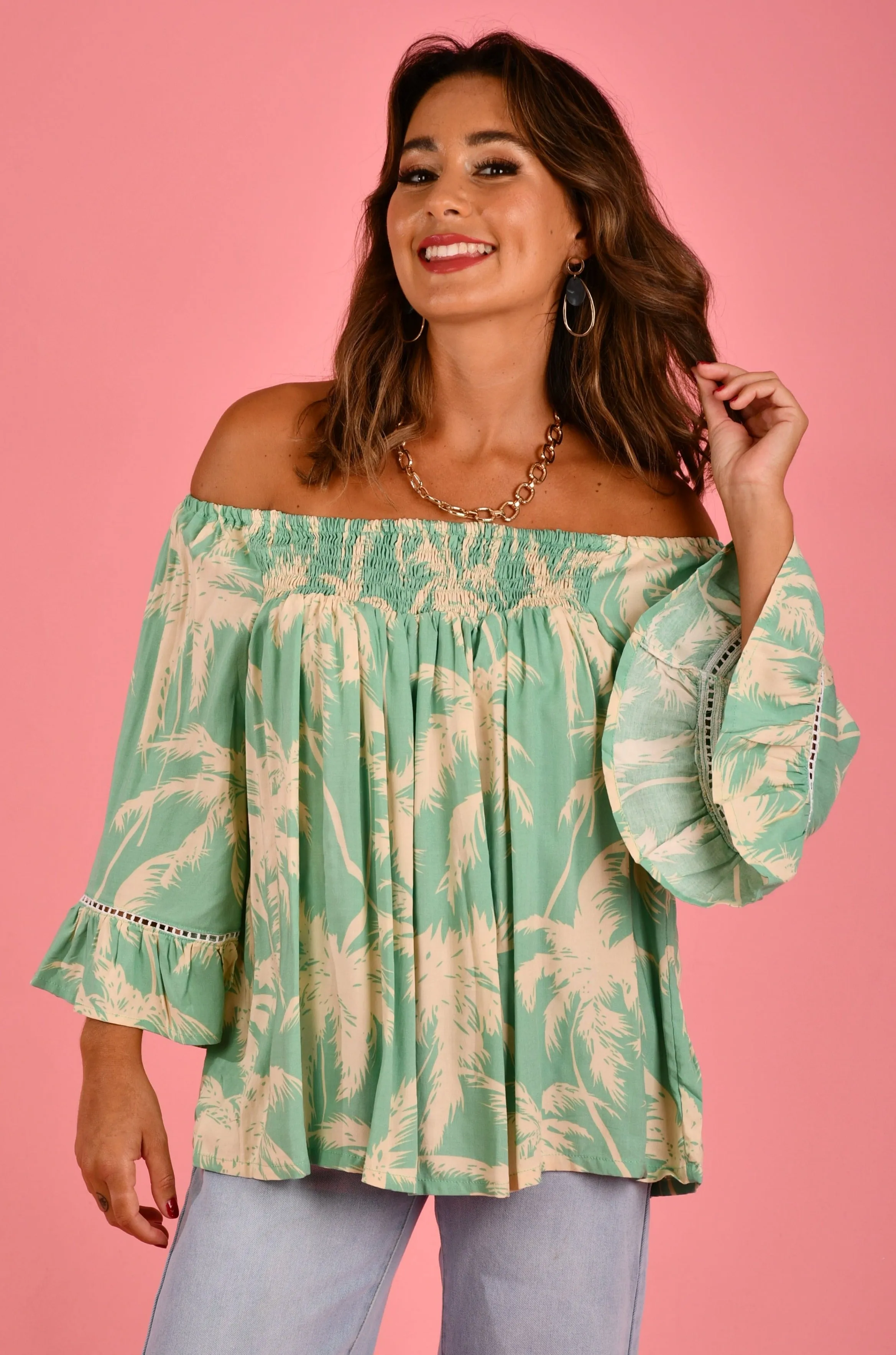 VBLT113 - ROUCHED BELL SLEEVE TOP - FIJI PALMS