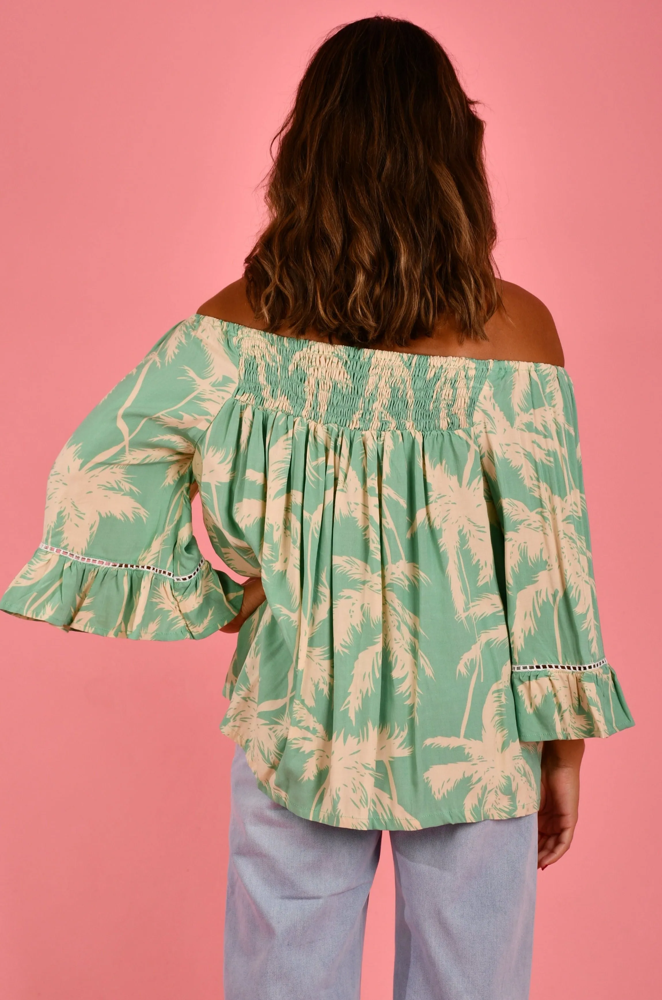 VBLT113 - ROUCHED BELL SLEEVE TOP - FIJI PALMS