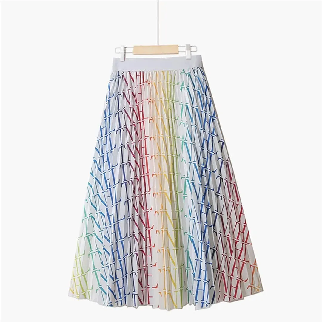 Vibrant Dots Striped Summer Midi Skirt High Waist Pleated A-Line Mid-Length Skirt for Women