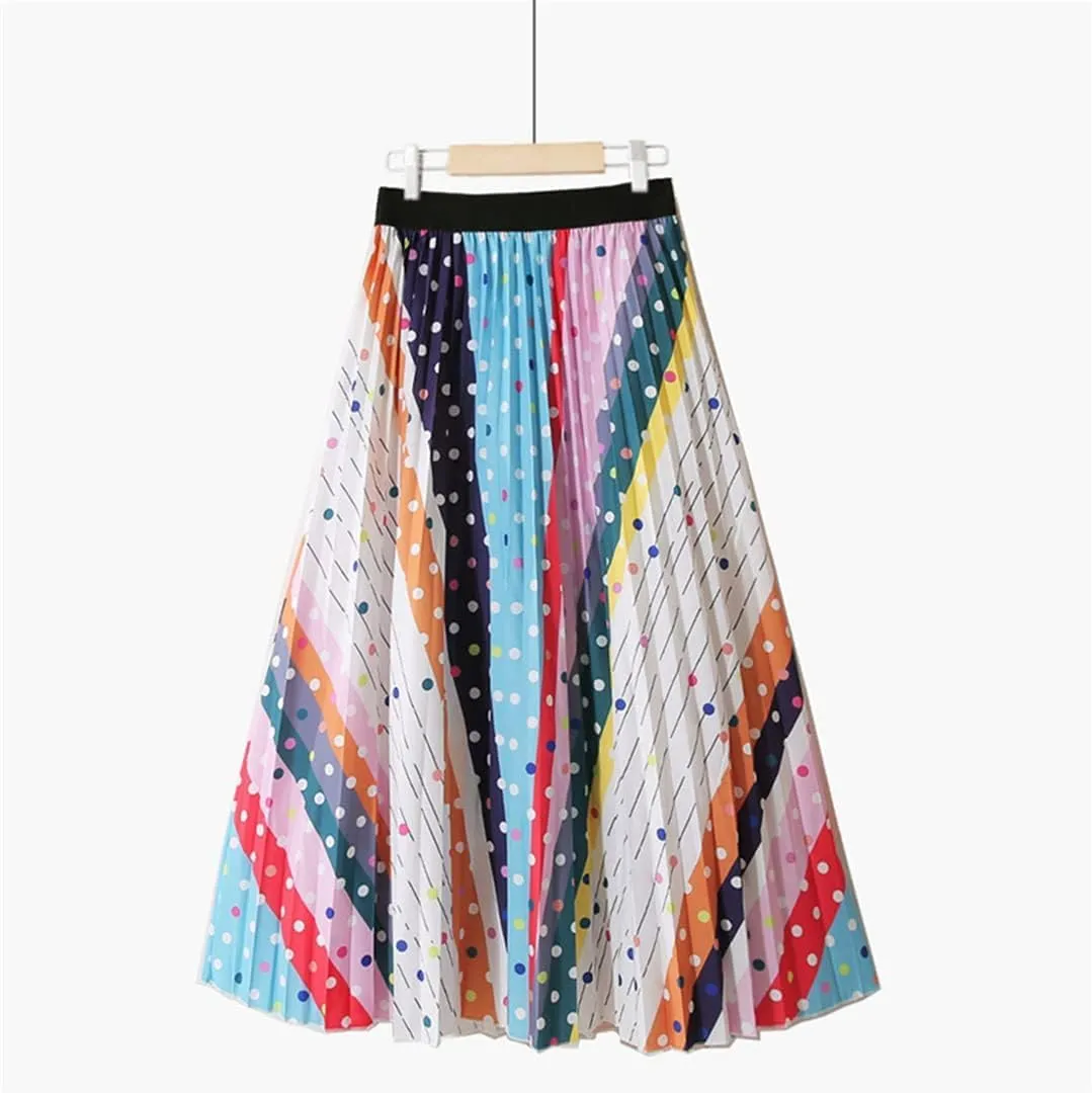 Vibrant Dots Striped Summer Midi Skirt High Waist Pleated A-Line Mid-Length Skirt for Women