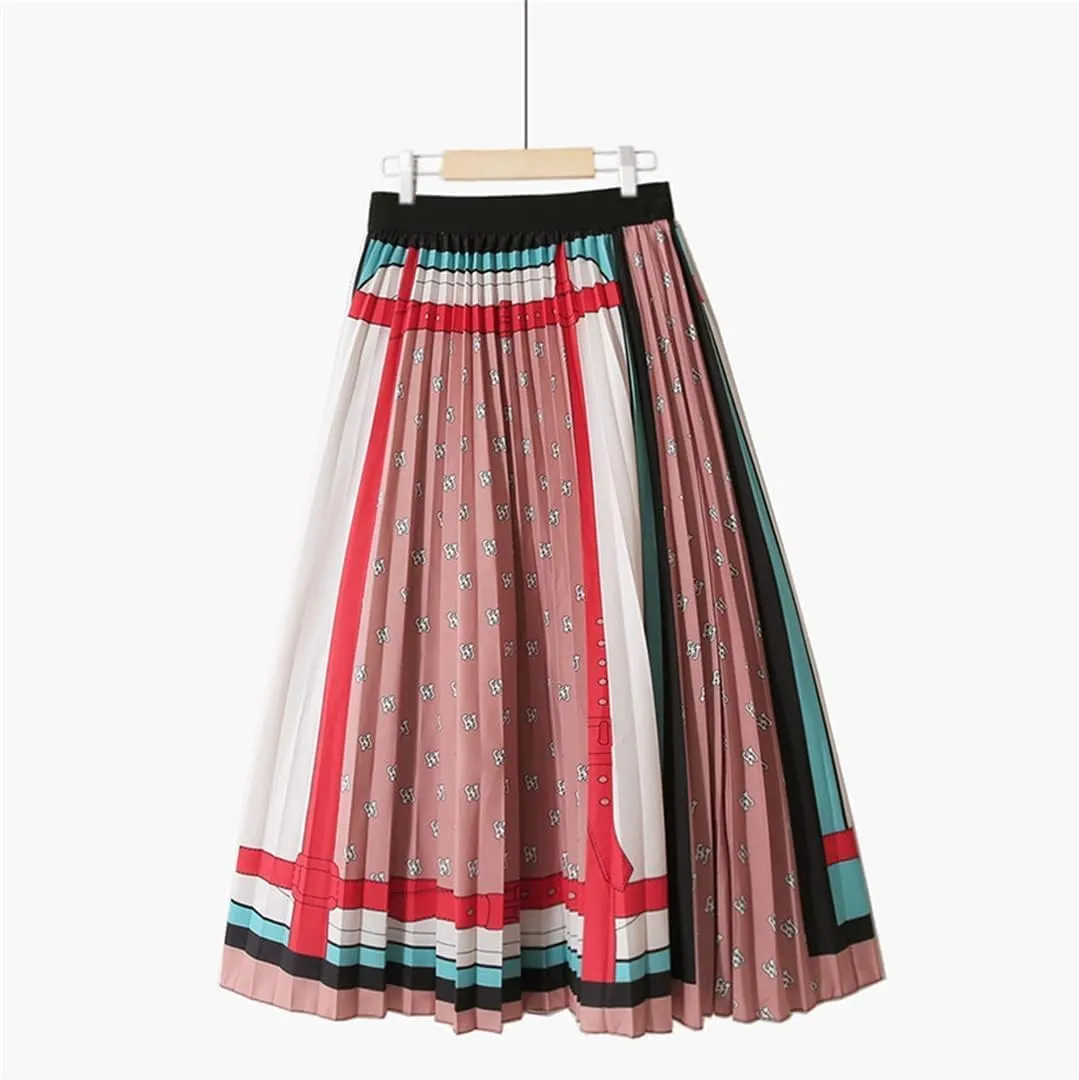 Vibrant Dots Striped Summer Midi Skirt High Waist Pleated A-Line Mid-Length Skirt for Women