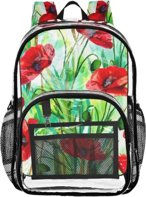 Vibrant Red Poppy Flowers Clear Backpack Women Cute Boys Backpacks for Girls School Clear Plastic Bag Pvc
