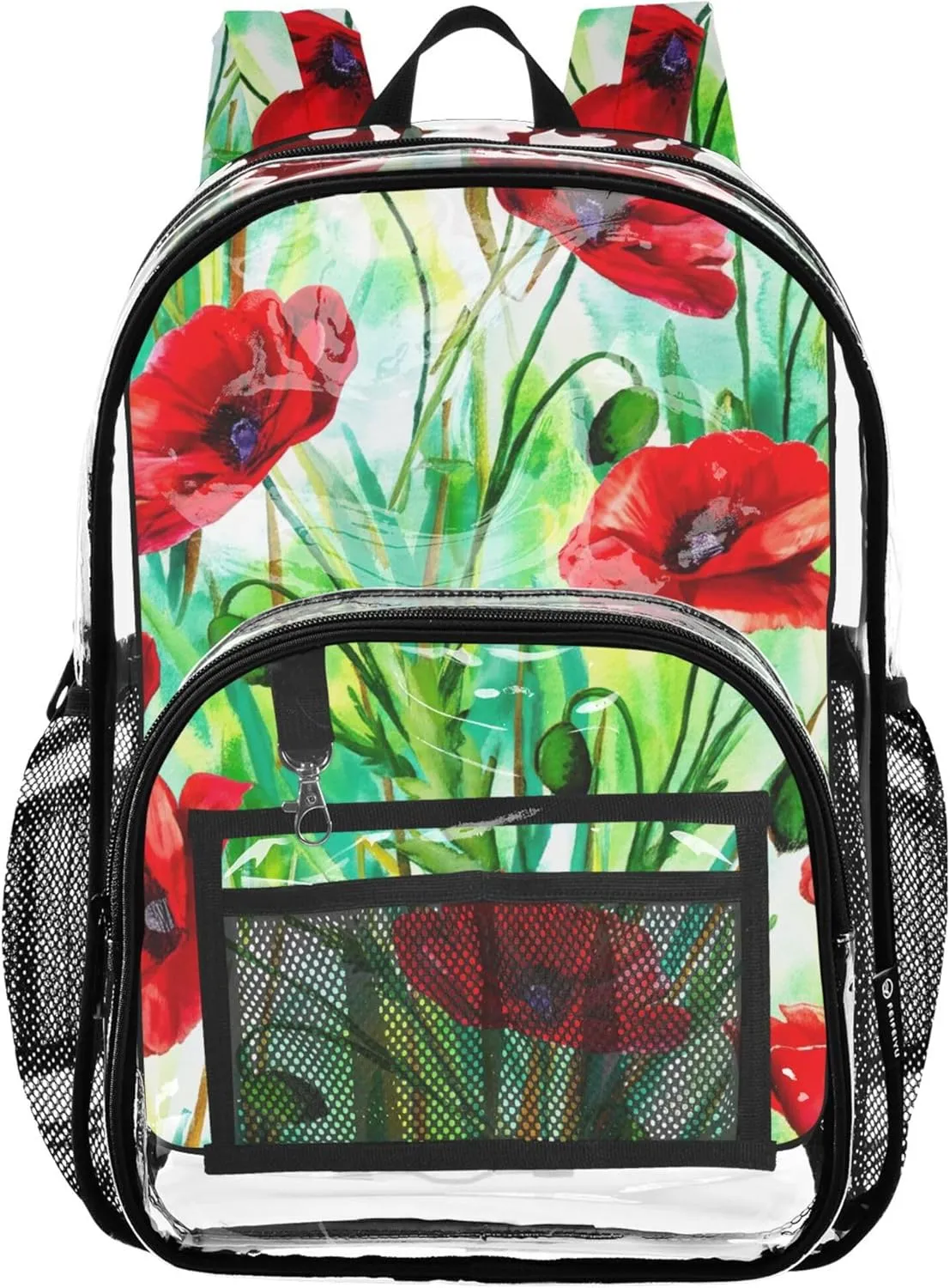 Vibrant Red Poppy Flowers Clear Backpack Women Cute Boys Backpacks for Girls School Clear Plastic Bag Pvc