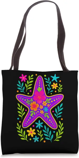 Vibrant Starfish And Floral Elements Tropical Style Tote Bag