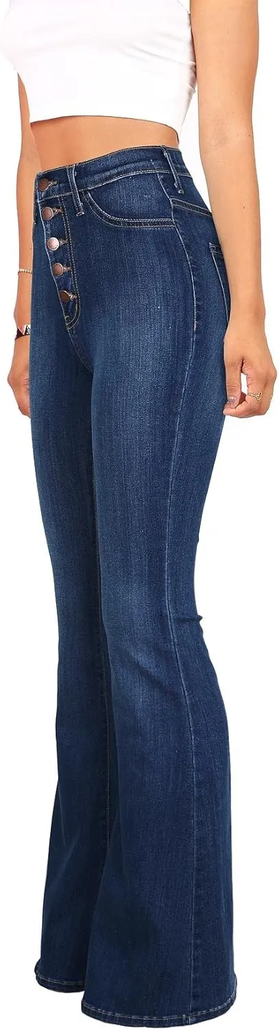 Vibrant Womens Flare Denim Jeans  High Waisted Button Up Bell Bottom Stretch Classic Flared Pants