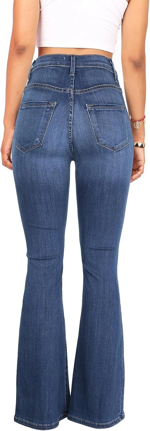 Vibrant Womens Flare Denim Jeans  High Waisted Button Up Bell Bottom Stretch Classic Flared Pants