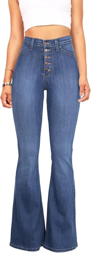 Vibrant Womens Flare Denim Jeans  High Waisted Button Up Bell Bottom Stretch Classic Flared Pants