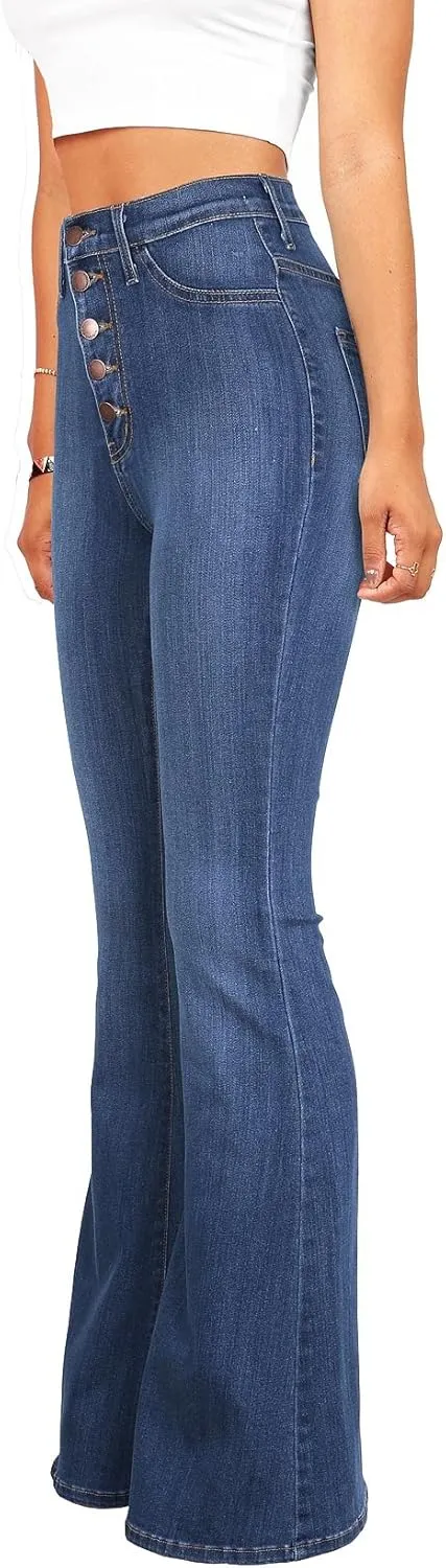 Vibrant Womens Flare Denim Jeans  High Waisted Button Up Bell Bottom Stretch Classic Flared Pants