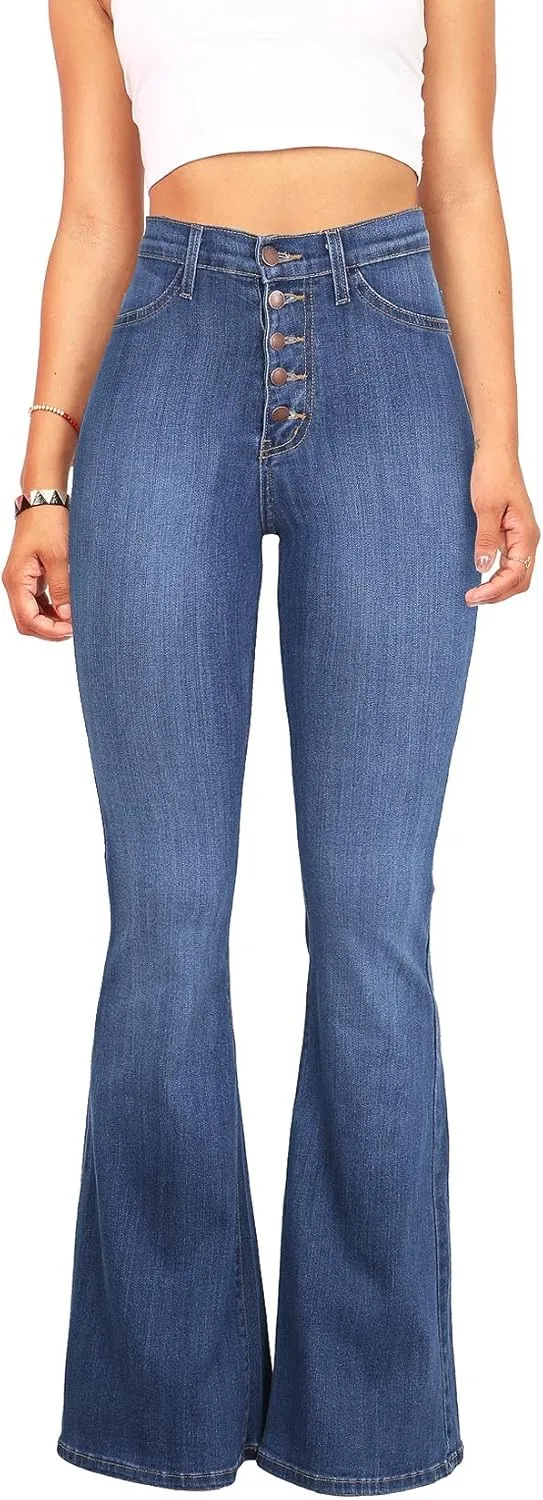 Vibrant Womens Flare Denim Jeans  High Waisted Button Up Bell Bottom Stretch Classic Flared Pants