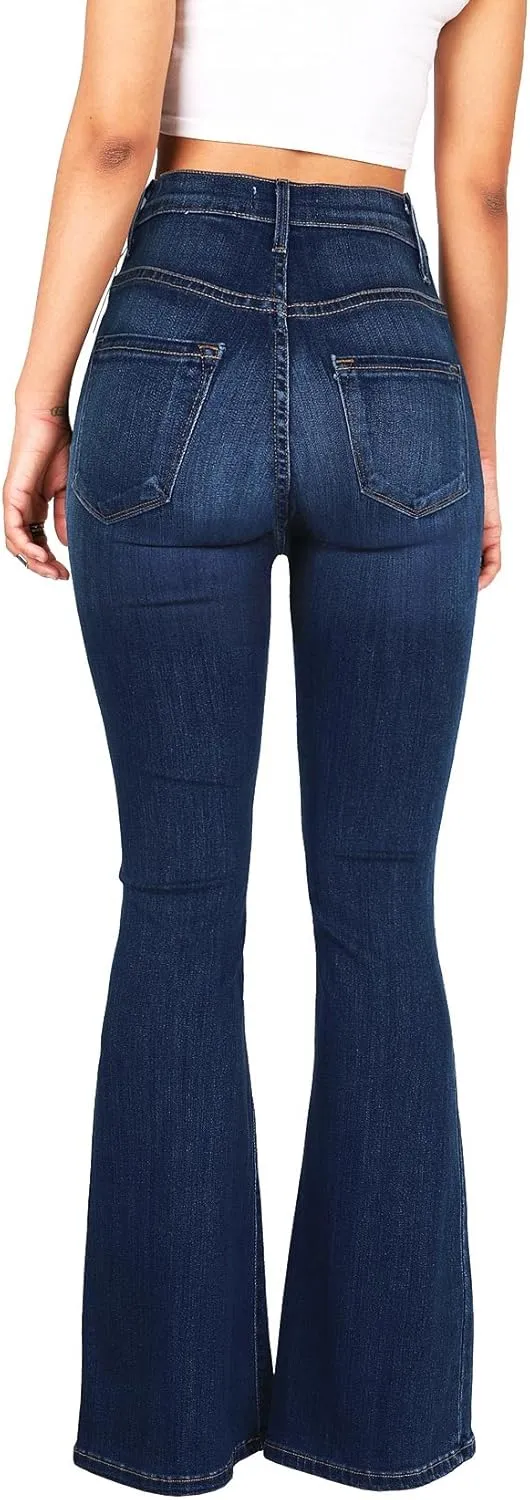 Vibrant Womens Flare Denim Jeans  High Waisted Button Up Bell Bottom Stretch Classic Flared Pants
