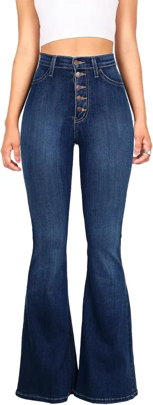 Vibrant Womens Flare Denim Jeans  High Waisted Button Up Bell Bottom Stretch Classic Flared Pants