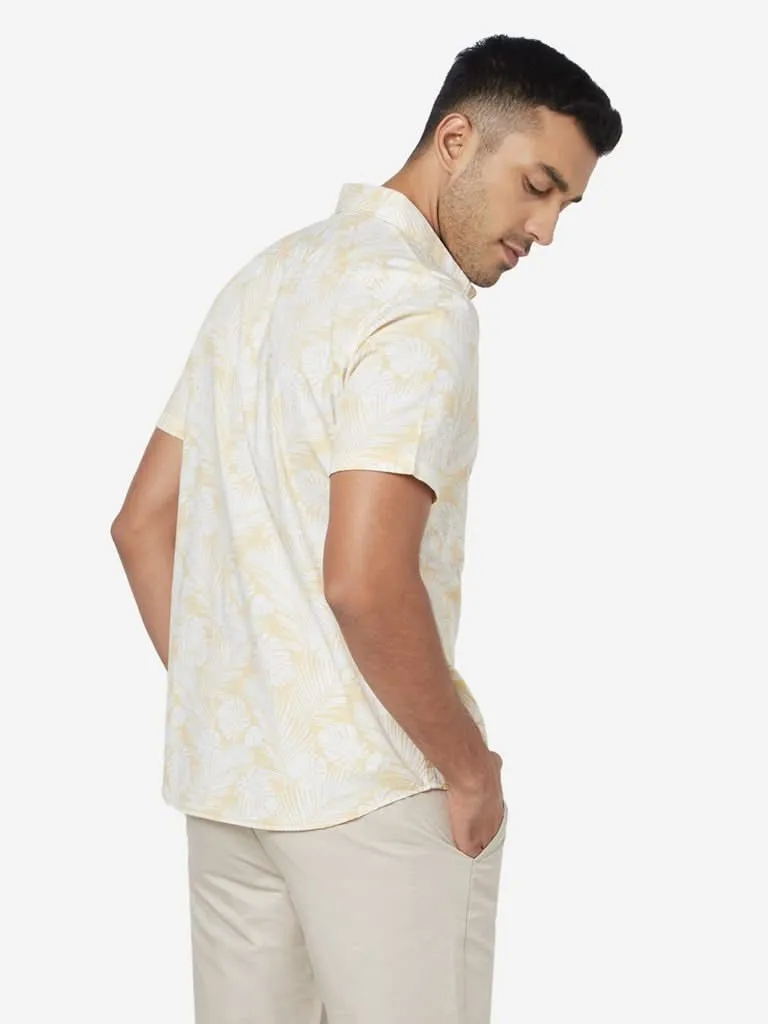 WES Casuals Yellow Leaf-Patterned Slim-Fit Shirt