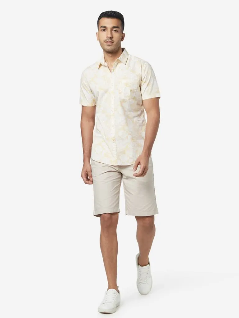 WES Casuals Yellow Leaf-Patterned Slim-Fit Shirt