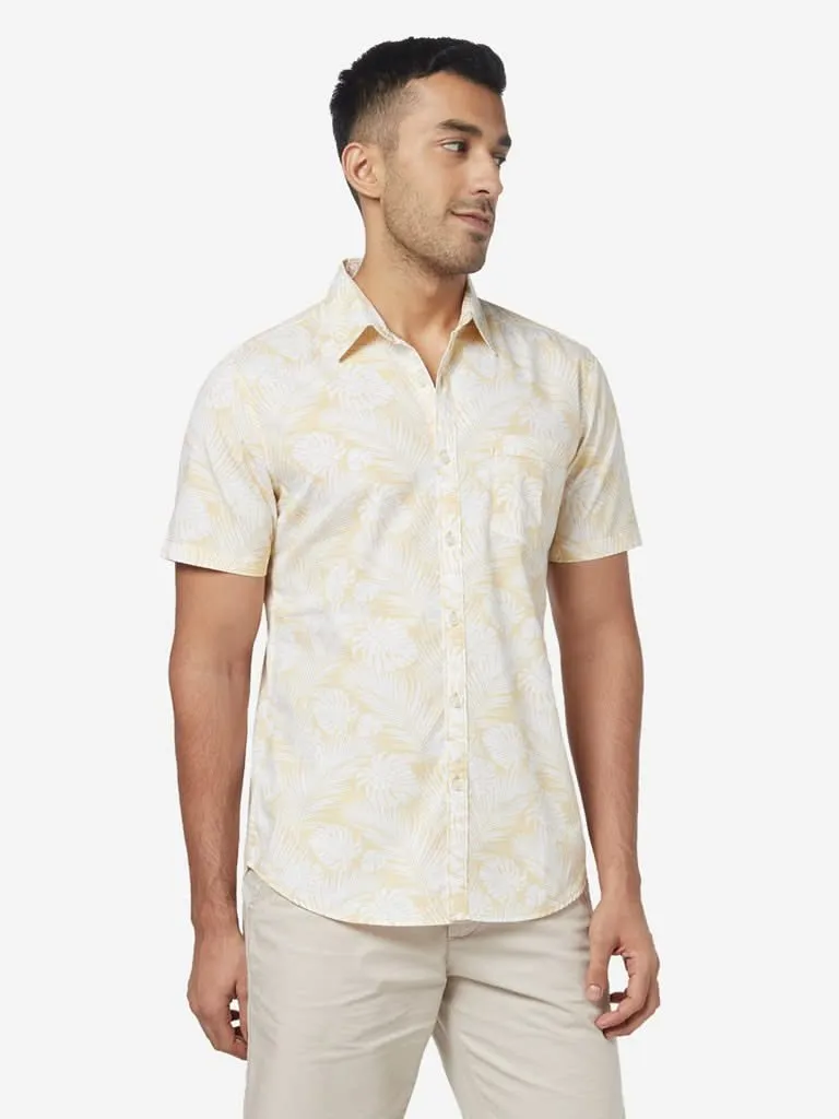 WES Casuals Yellow Leaf-Patterned Slim-Fit Shirt
