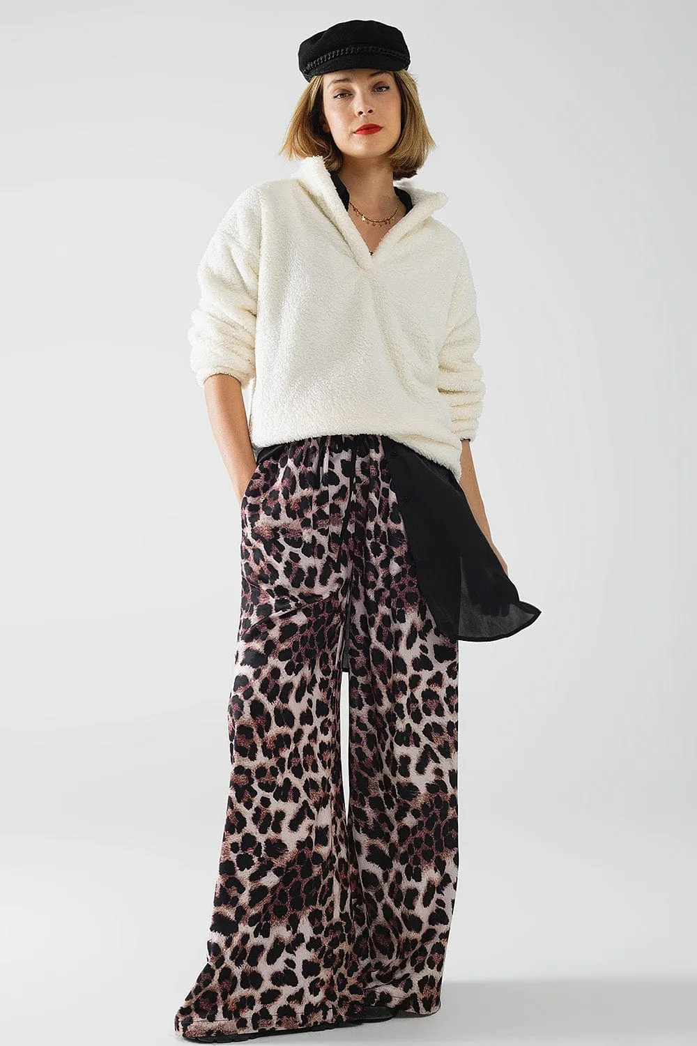 Wide Leopard Pants With Satin Side Stripe