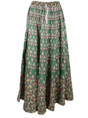 Woman Retro Maxi Skirt, Green Block Print Skirts, Summer Boho Chic Beach Skirt, S/M