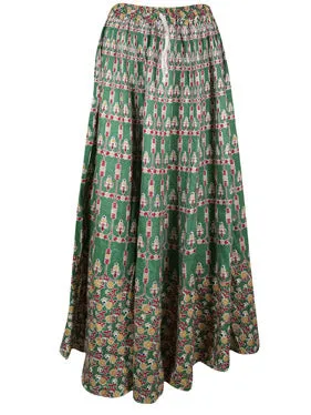 Woman Retro Maxi Skirt, Green Block Print Skirts, Summer Boho Chic Beach Skirt, S/M