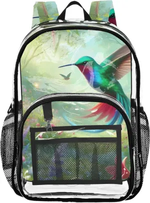 Women Clear Backpack Cute Vibrant Hummingbird Garden Green Kids Girls Backpack Boys Approved Shoulder Bag