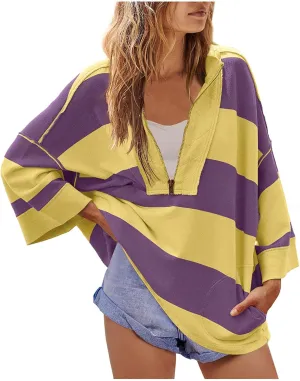 Women Color Block Oversized Sweatshirts Loose Fit Trendy Pullover Tops V Neck Cute Preppy Sweatshirts Y2K Fall Clothes