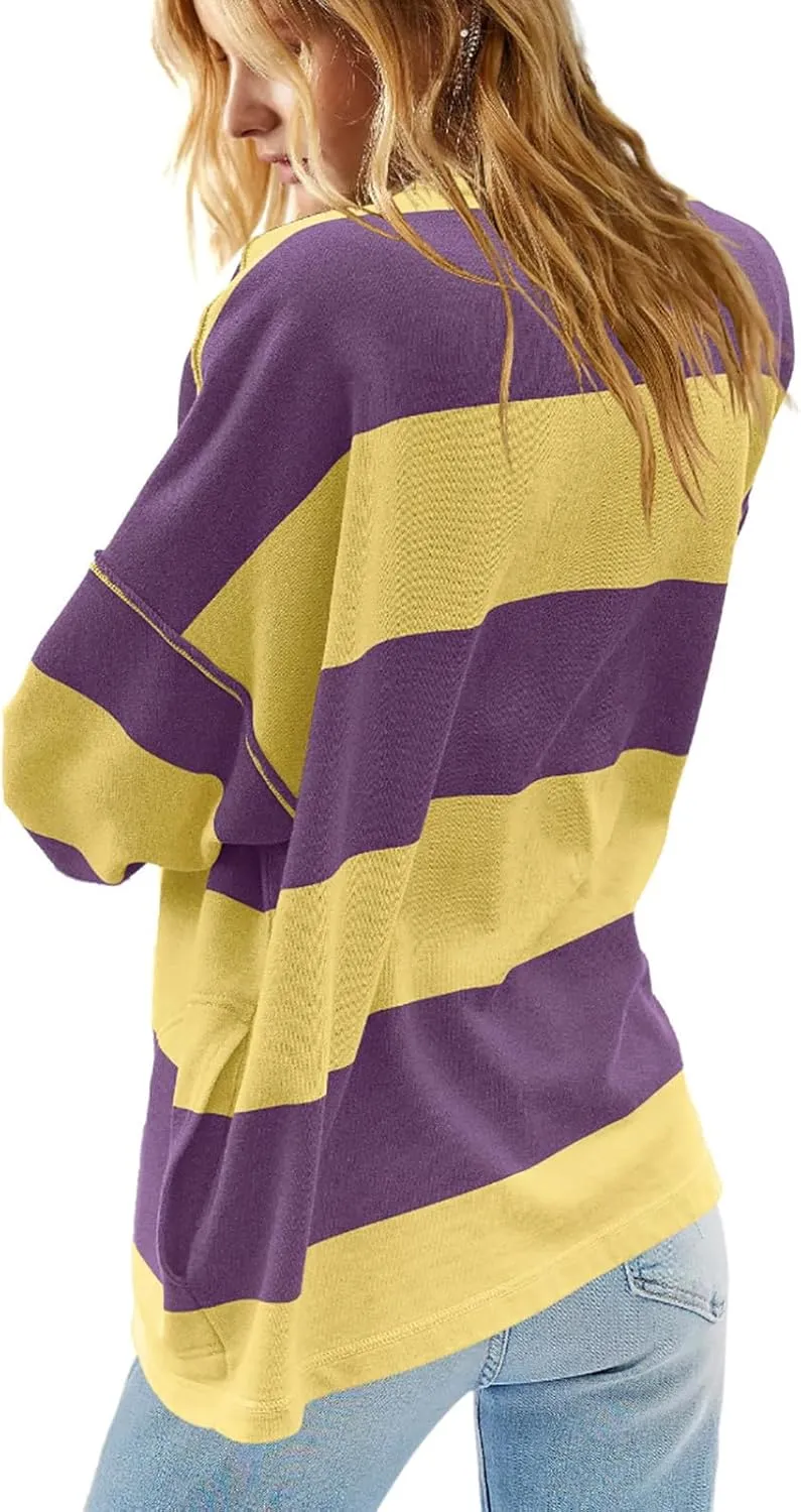 Women Color Block Oversized Sweatshirts Loose Fit Trendy Pullover Tops V Neck Cute Preppy Sweatshirts Y2K Fall Clothes