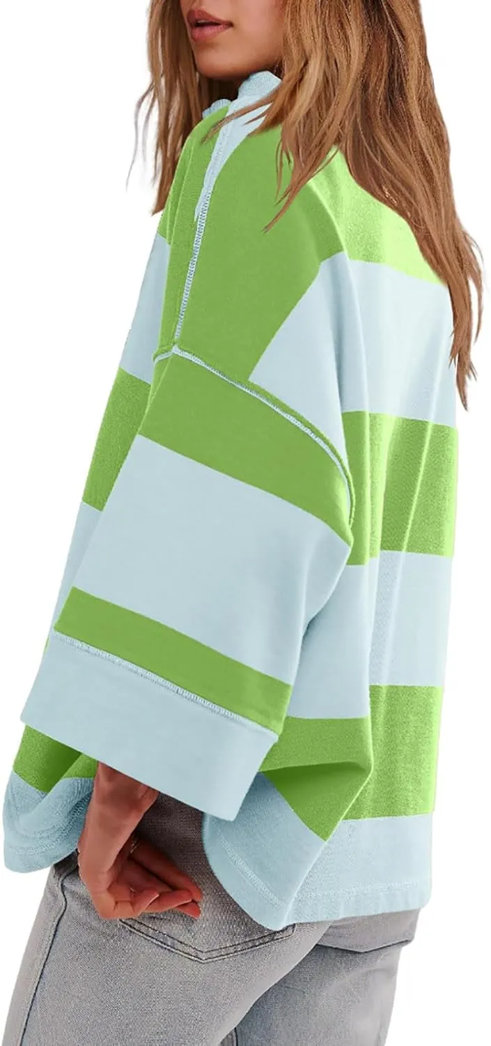 Women Color Block Oversized Sweatshirts Loose Fit Trendy Pullover Tops V Neck Cute Preppy Sweatshirts Y2K Fall Clothes