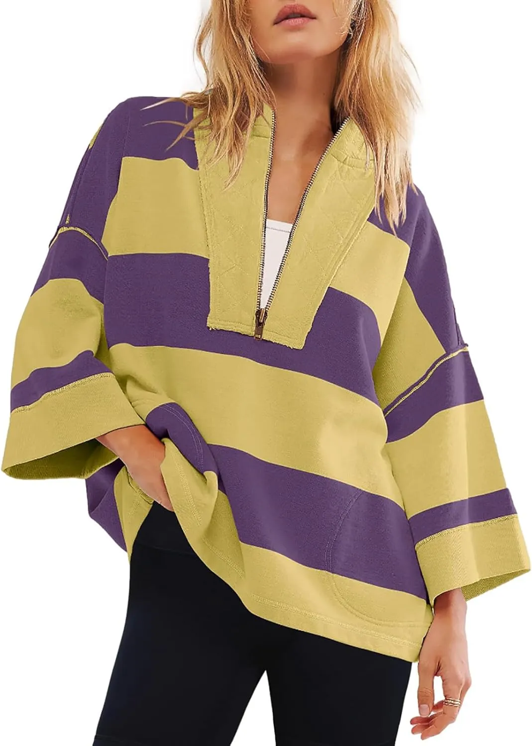 Women Color Block Oversized Sweatshirts Loose Fit Trendy Pullover Tops V Neck Cute Preppy Sweatshirts Y2K Fall Clothes