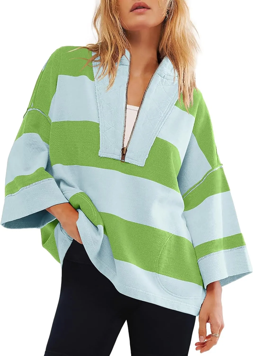 Women Color Block Oversized Sweatshirts Loose Fit Trendy Pullover Tops V Neck Cute Preppy Sweatshirts Y2K Fall Clothes