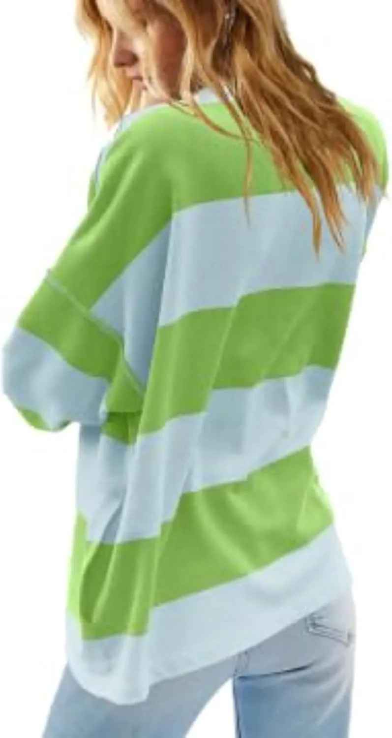 Women Color Block Oversized Sweatshirts Loose Fit Trendy Pullover Tops V Neck Cute Preppy Sweatshirts Y2K Fall Clothes