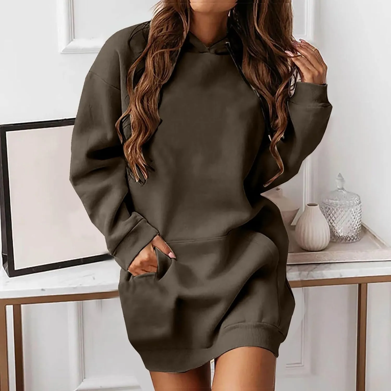 Women Hoodie Dress Solid Sweatshirt Long Sleeve Drawstring Hooded Pullover Winter Trendy Sport Dress with Pockets