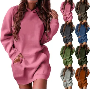 Women Hoodie Dress Solid Sweatshirt Long Sleeve Drawstring Hooded Pullover Winter Trendy Sport Dress with Pockets