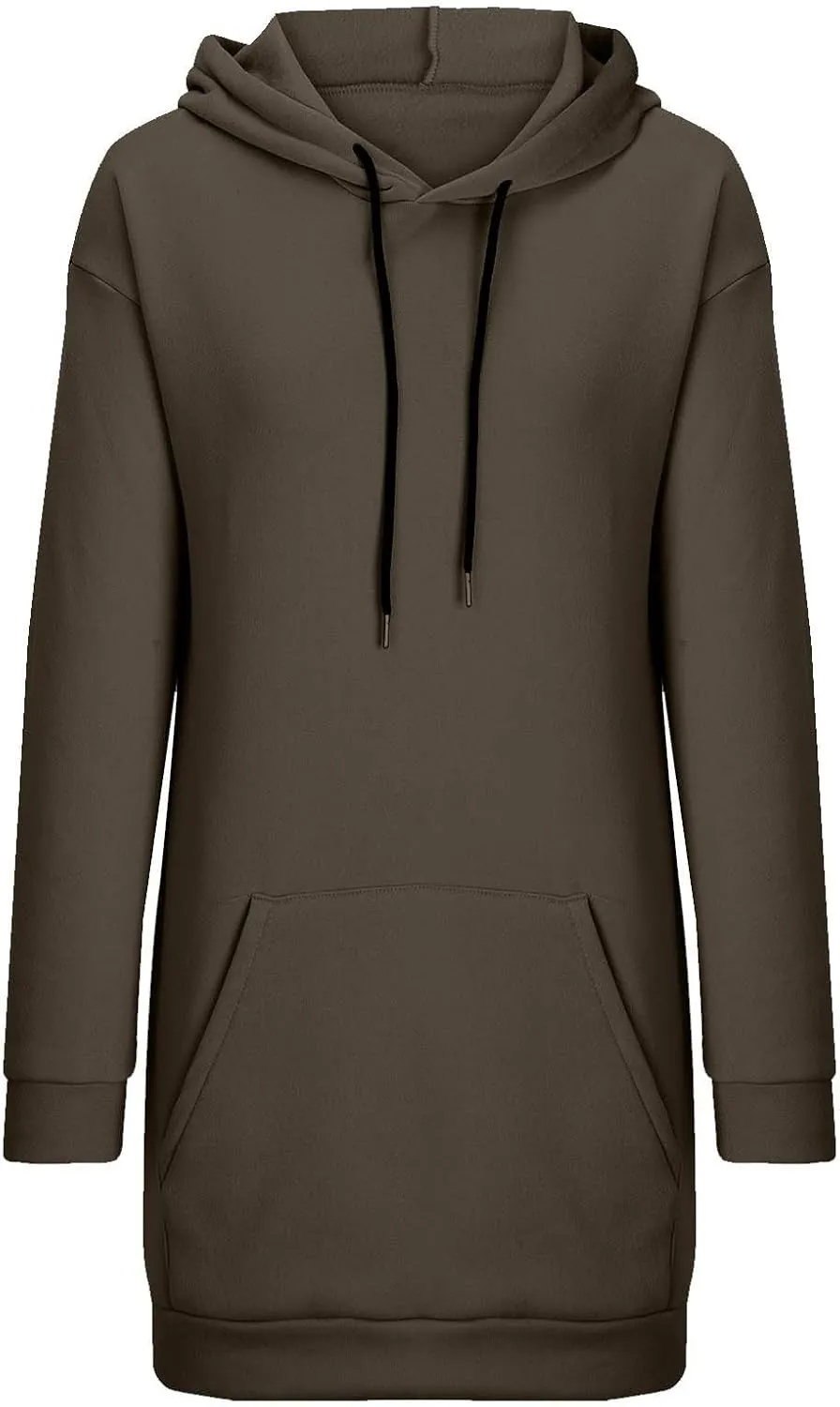 Women Hoodie Dress Solid Sweatshirt Long Sleeve Drawstring Hooded Pullover Winter Trendy Sport Dress with Pockets