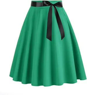 Women Knee Length 50s Retro Skirts Vintage Hepburn Rockabilly Skirts High Waist Flared A-Line Swing Skirt with Belt