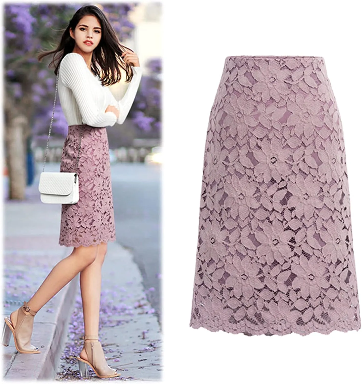 Women Sexy High Waist Pleated A-Line Knee Length Lace Floral Midi Skirt Chic Elegant Solid Slim Wrap Swing Skirt