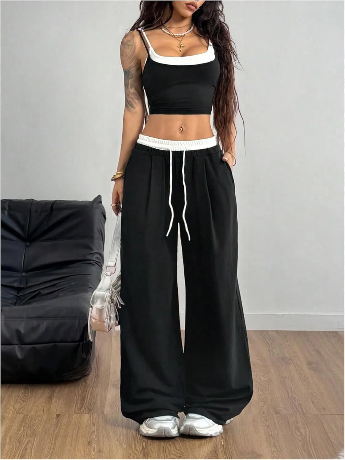 Women's 2 Piece Outfits Two Fake Pieces Crop Cami Top and Wide Leg Sweatpants Set Sportswear