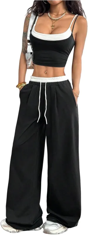 Women's 2 Piece Outfits Two Fake Pieces Crop Cami Top and Wide Leg Sweatpants Set Sportswear