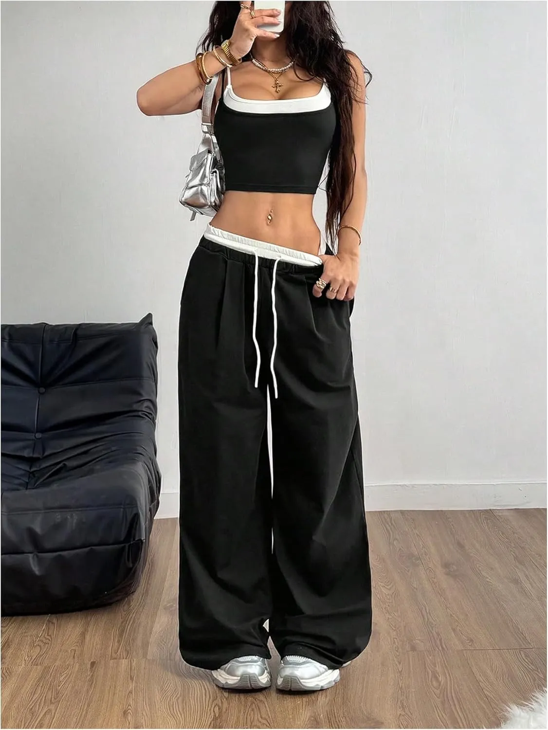 Women's 2 Piece Outfits Two Fake Pieces Crop Cami Top and Wide Leg Sweatpants Set Sportswear