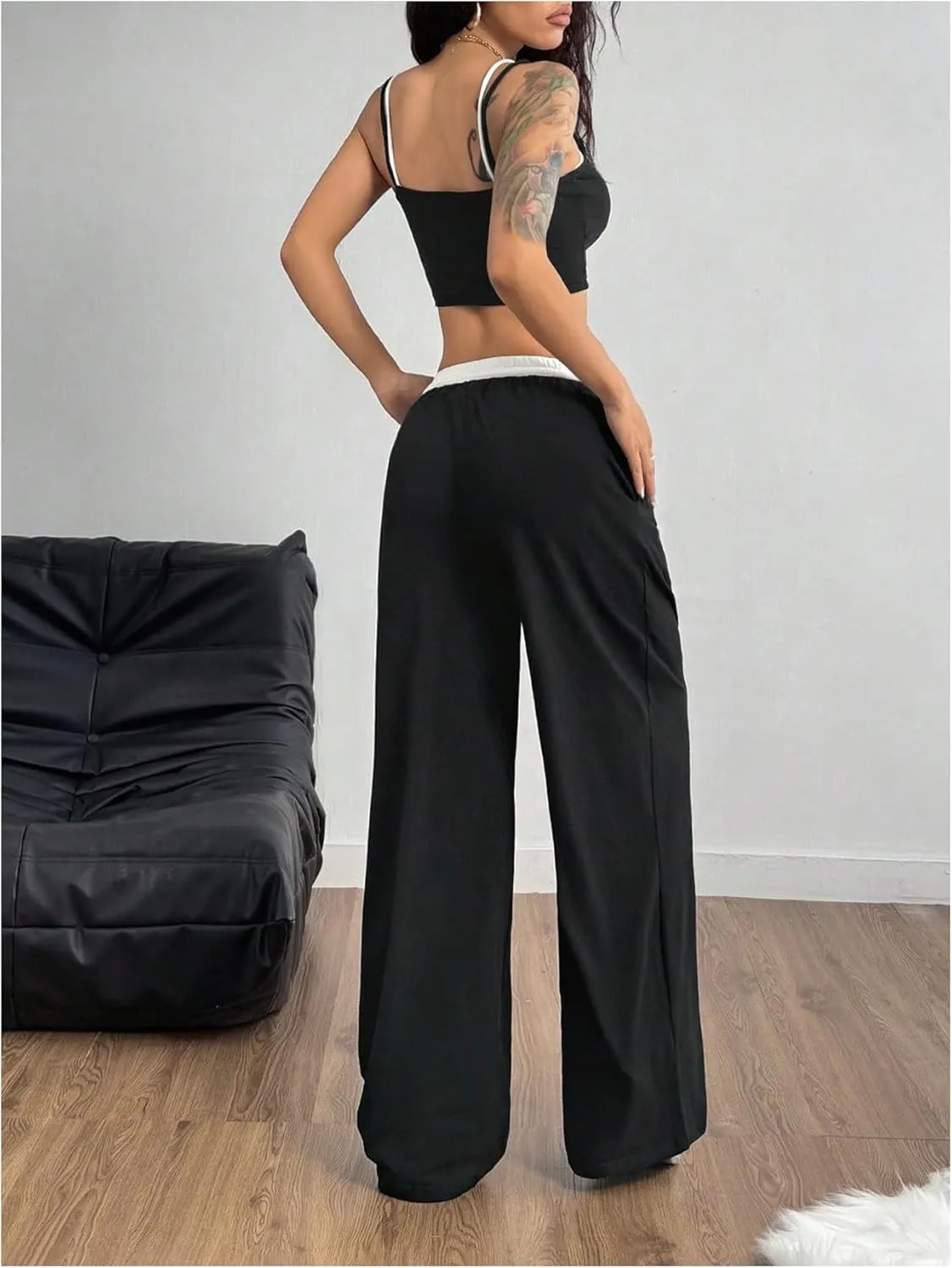 Women's 2 Piece Outfits Two Fake Pieces Crop Cami Top and Wide Leg Sweatpants Set Sportswear