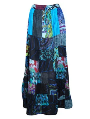 Womens Beach Maxi Skirt, Blue Summer Skirt, Gujarati Patchwork Gypsy Skirts, S/M