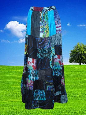 Womens Beach Maxi Skirt, Blue Summer Skirt, Gujarati Patchwork Gypsy Skirts, S/M
