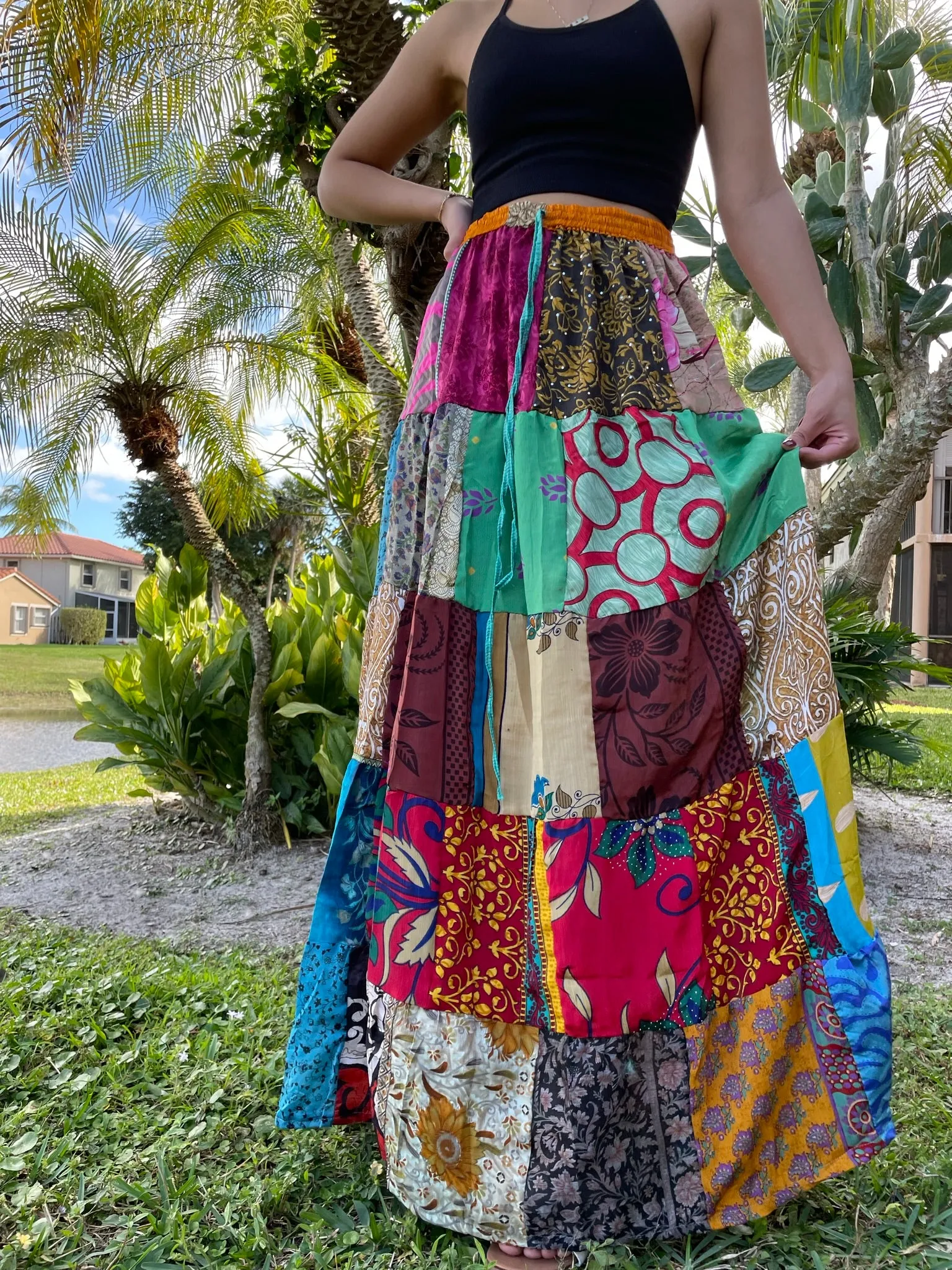 Womens Beach Maxi Skirt, Blue Summer Skirt, Gujarati Patchwork Gypsy Skirts, S/M
