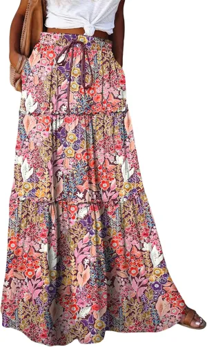 Womens Boho Print Tiered Long Skirts Vintage Elastic High Waist Pleated Ruffle Flowy Maxi Skirt with Pockets