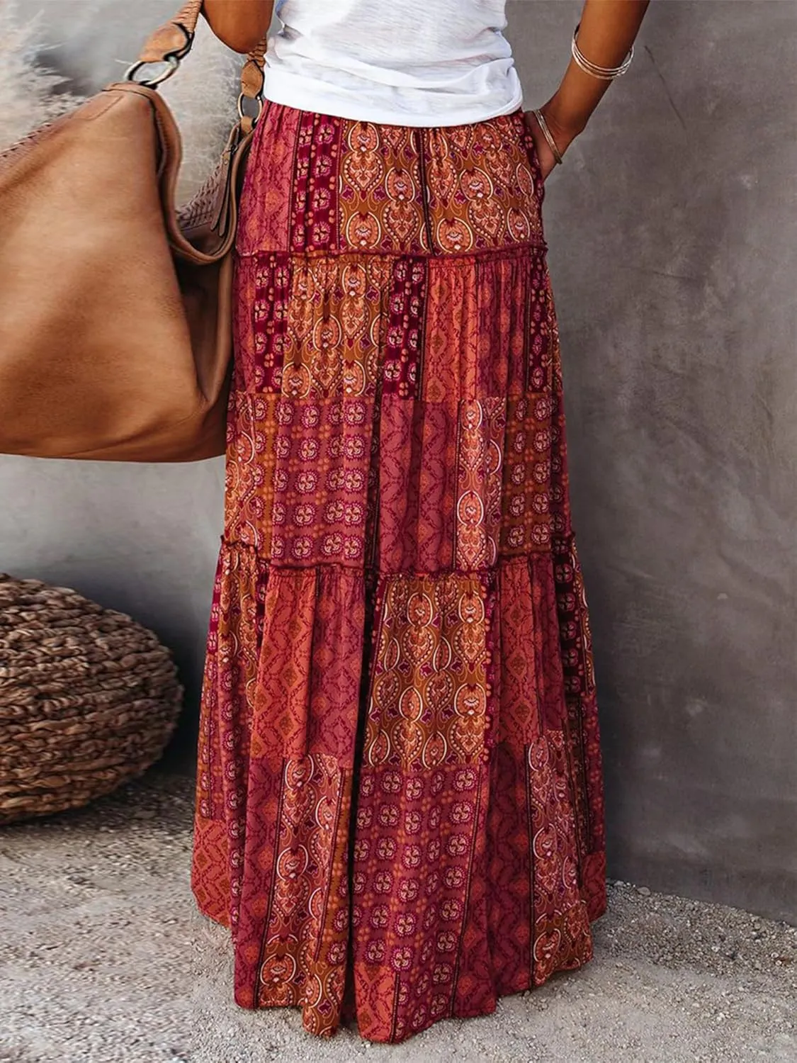 Womens Boho Print Tiered Long Skirts Vintage Elastic High Waist Pleated Ruffle Flowy Maxi Skirt with Pockets
