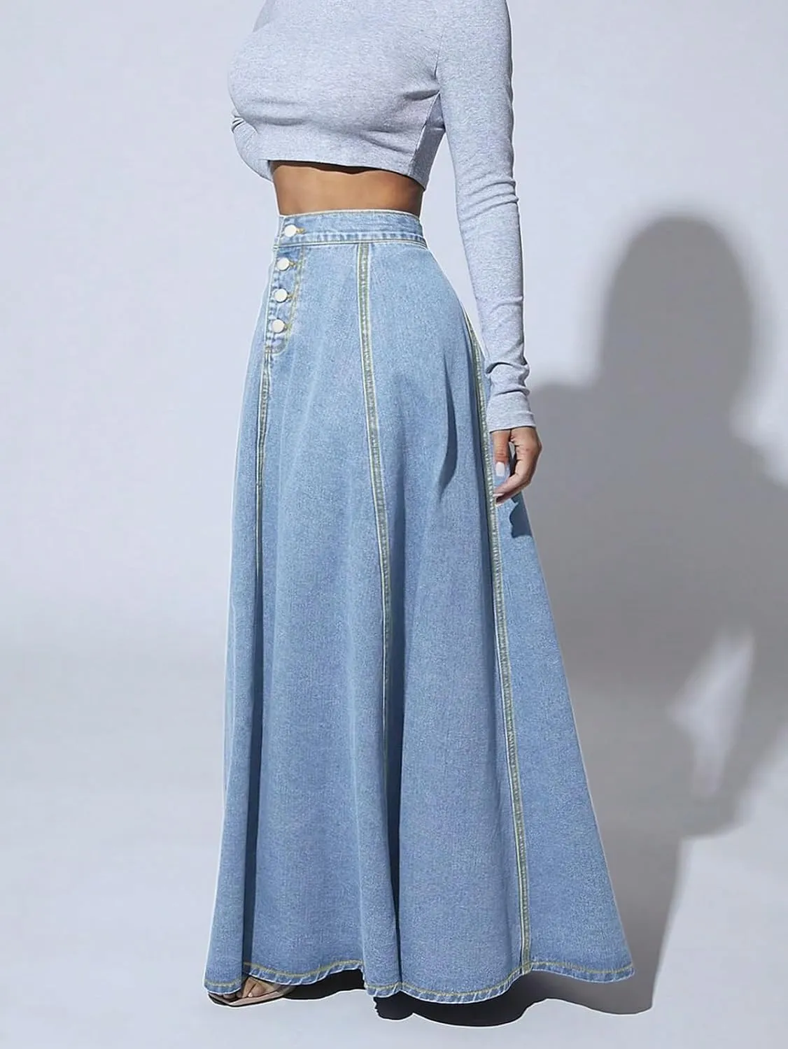 Womens Chic Button-Fly Flared Long Jean Skirts High Waisted Flowy Swing A-Line Denim Maxi Skirts