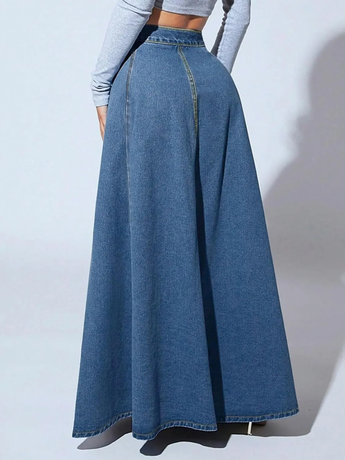 Womens Chic Button-Fly Flared Long Jean Skirts High Waisted Flowy Swing A-Line Denim Maxi Skirts