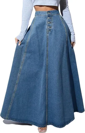 Womens Chic Button-Fly Flared Long Jean Skirts High Waisted Flowy Swing A-Line Denim Maxi Skirts