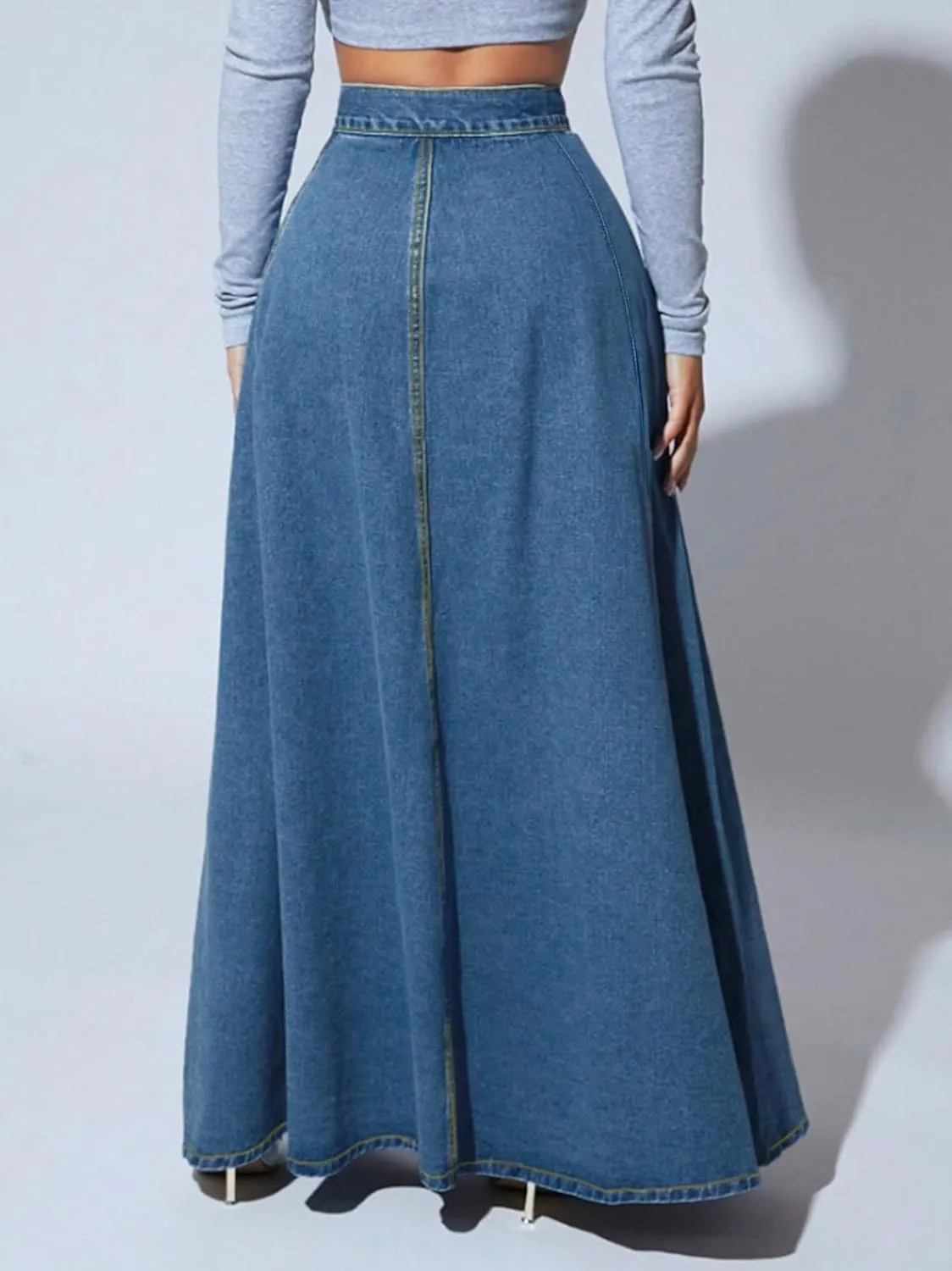 Womens Chic Button-Fly Flared Long Jean Skirts High Waisted Flowy Swing A-Line Denim Maxi Skirts