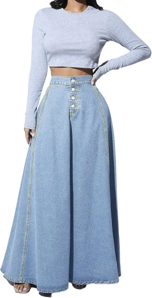 Womens Chic Button-Fly Flared Long Jean Skirts High Waisted Flowy Swing A-Line Denim Maxi Skirts