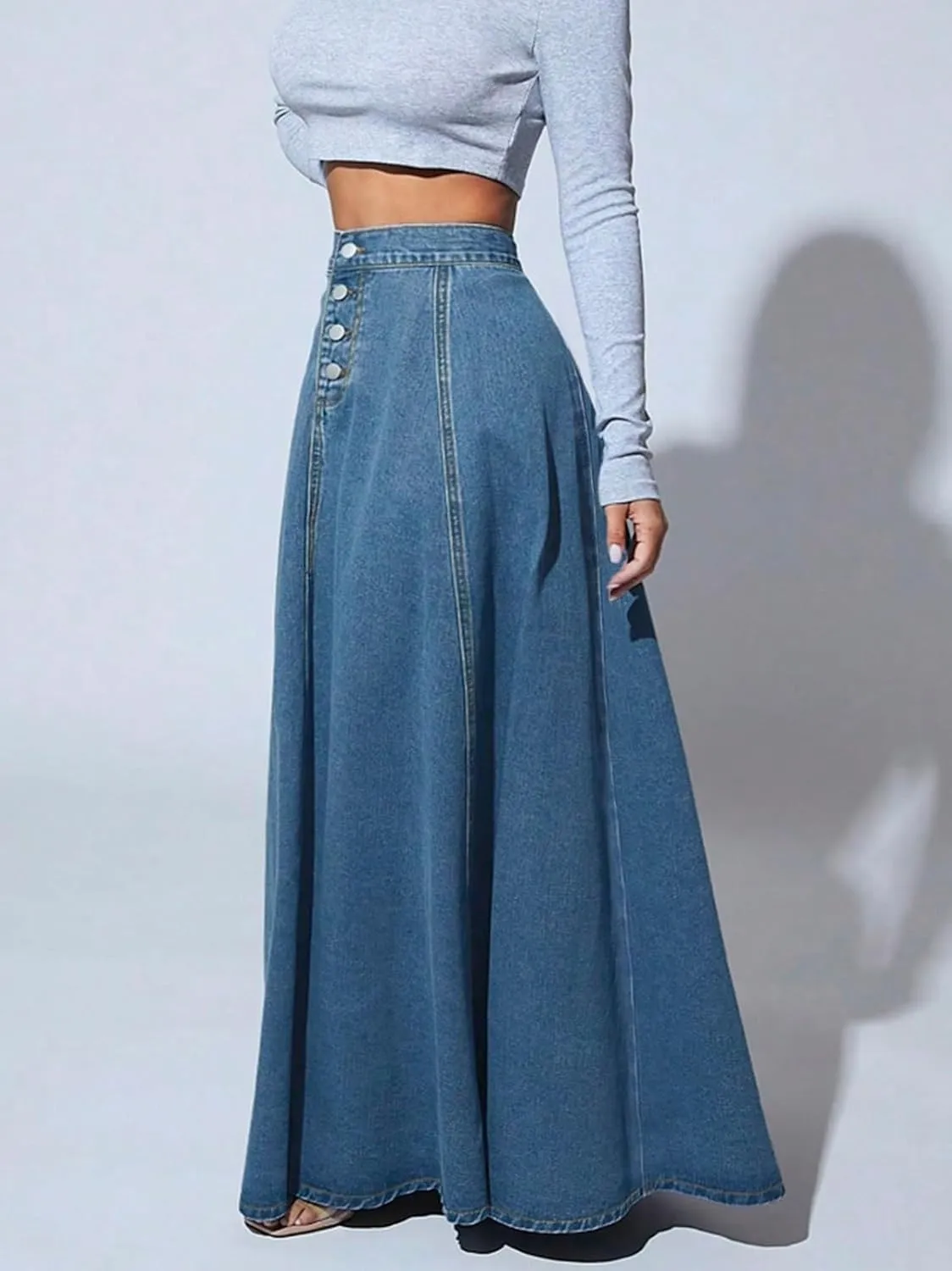 Womens Chic Button-Fly Flared Long Jean Skirts High Waisted Flowy Swing A-Line Denim Maxi Skirts