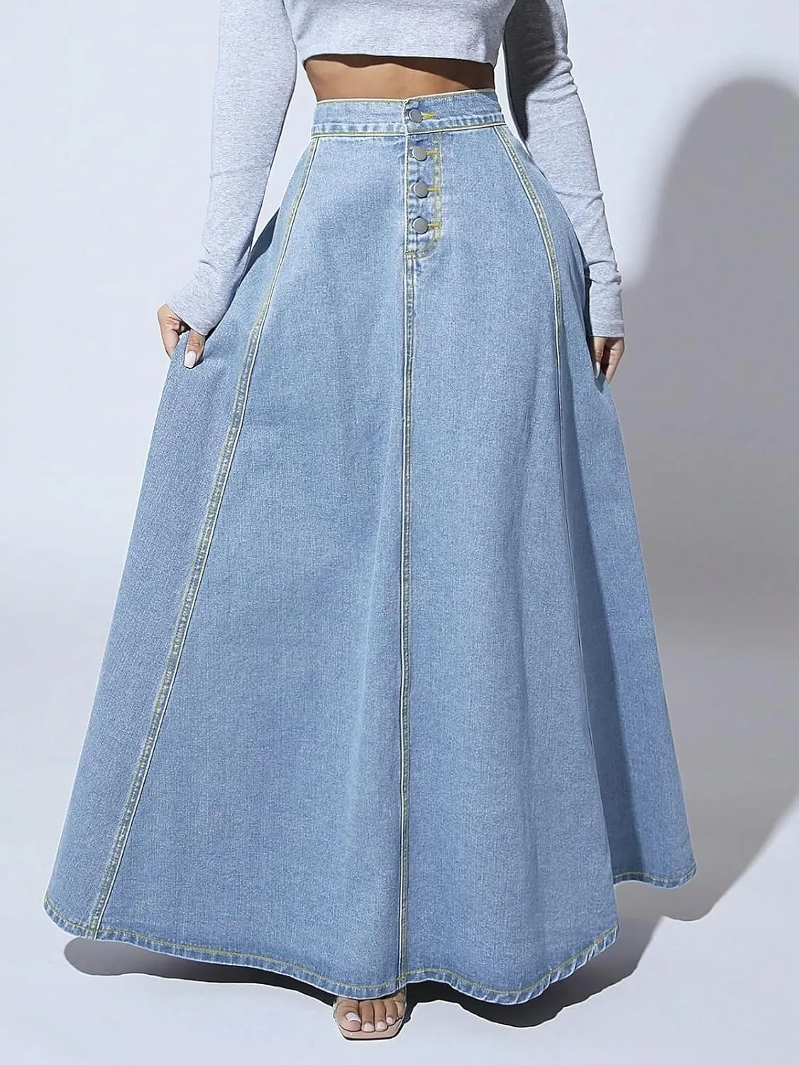 Womens Chic Button-Fly Flared Long Jean Skirts High Waisted Flowy Swing A-Line Denim Maxi Skirts