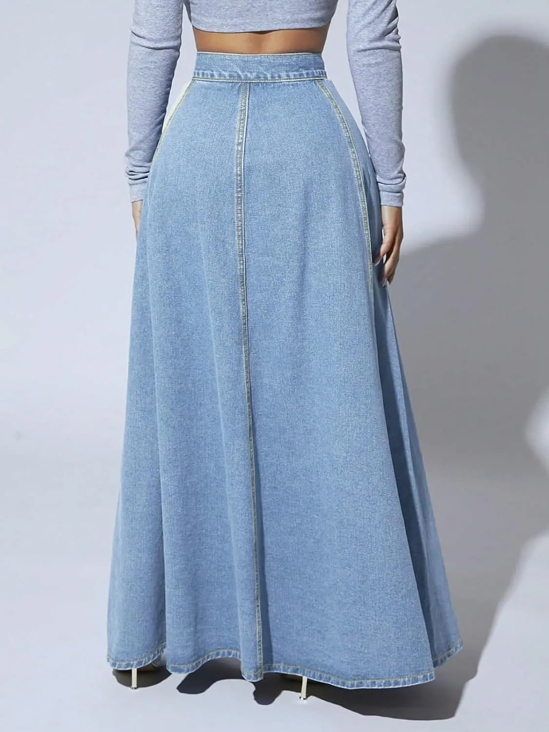 Womens Chic Button-Fly Flared Long Jean Skirts High Waisted Flowy Swing A-Line Denim Maxi Skirts